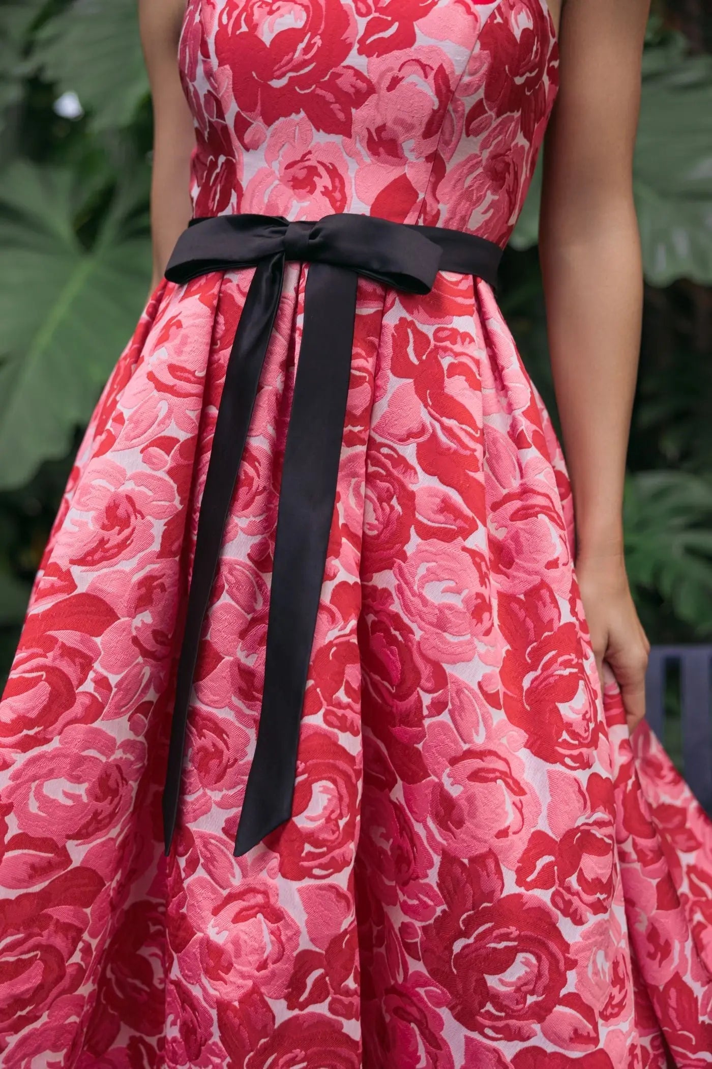 Red Strapless Brocade Midi Dress with Satin Bow
