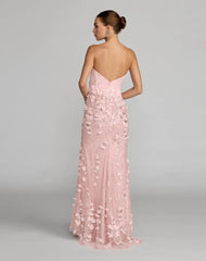 Pink Floral Satin Strapless Sweetheart Gown With Slit