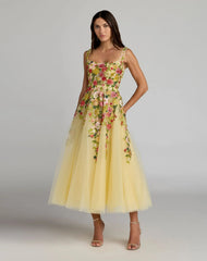 Yellow Embroidered Tulle A-Line Midi Dress