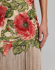 Beige Embroidered One Shoulder Dress With Fringe Hem