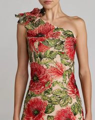 Beige Embroidered One Shoulder Dress With Fringe Hem