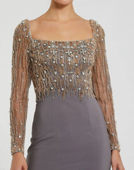 Gray Beaded Square Neck Long Sleeve Jersey Gown