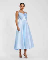 Blue Sleeveless Satin Midi Dress with Bow Detail