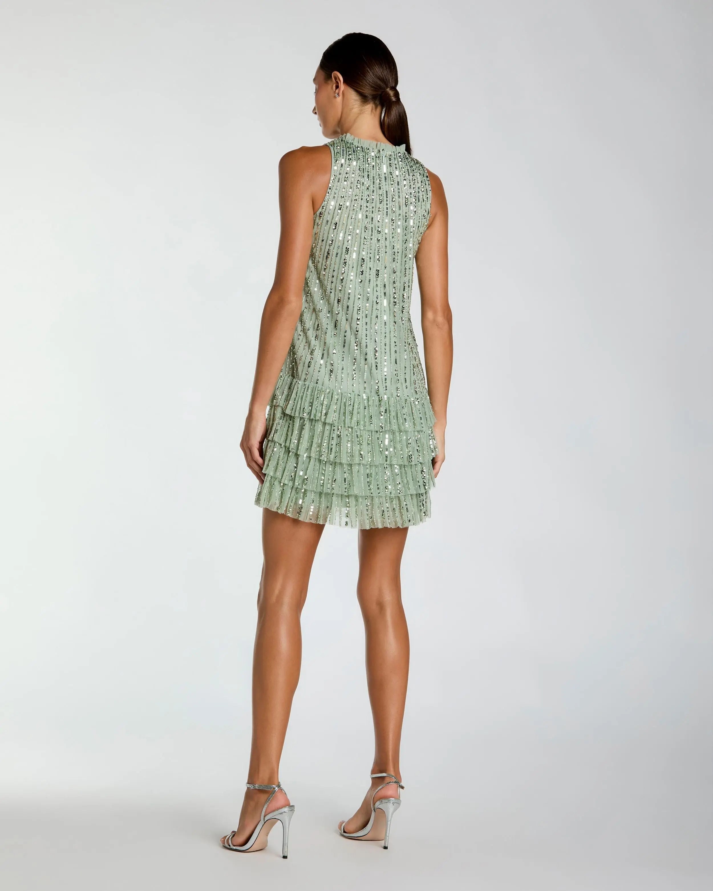 Green Striped Sequin Tiered Ruffle Mini Dress