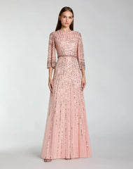 Pink High Neck Embellished Gown With 3/4 Sleeves