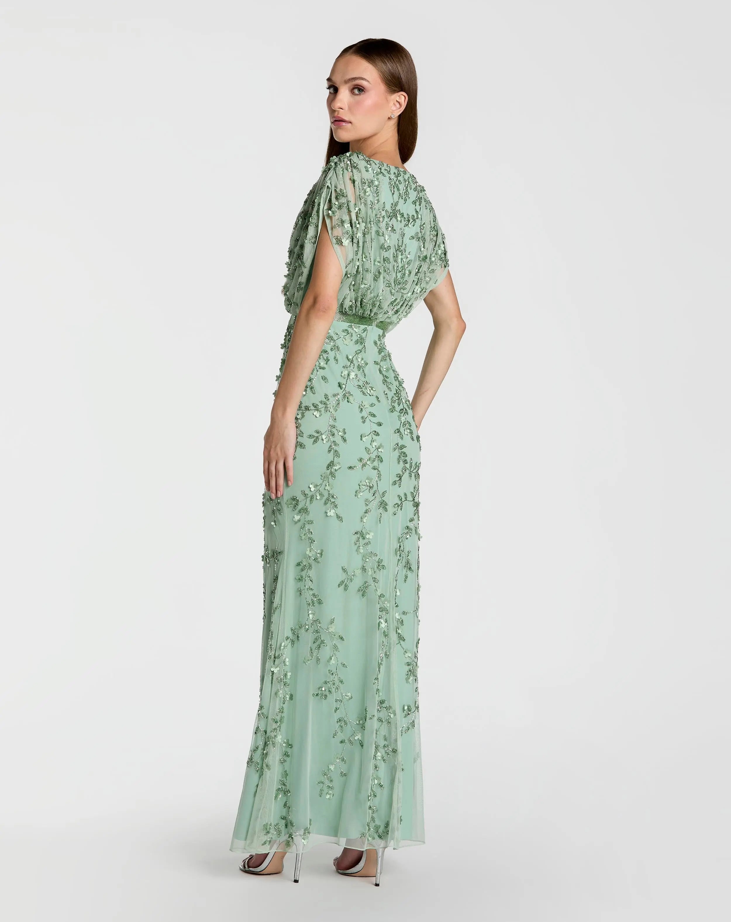 Green Beaded V-Neck Short Sleeve Blouson Gown