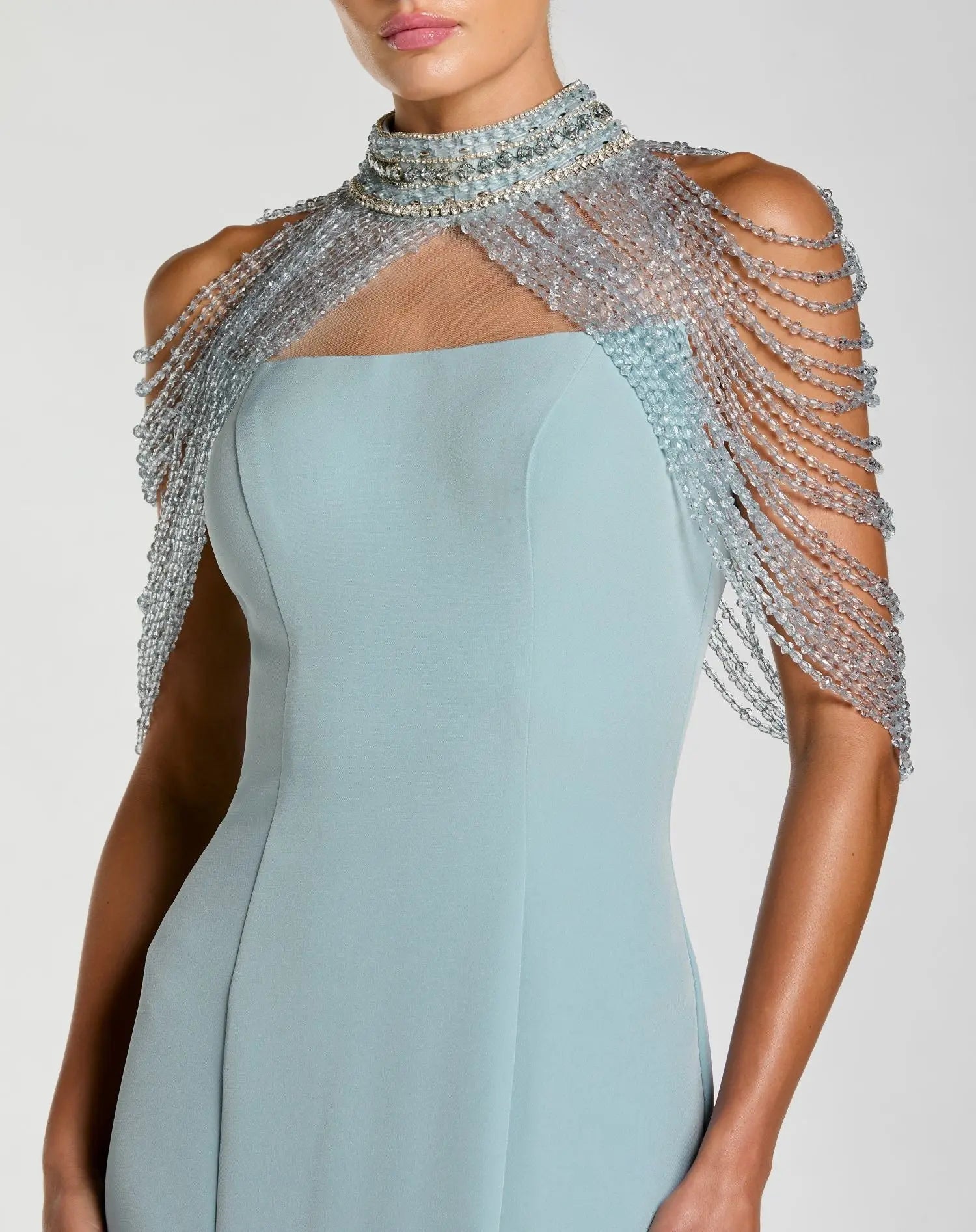 Blue Crepe Mermaid Gown With Crystal Draping