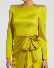 Green Long Sleeve Satin Structured Bow Draped Column Gown