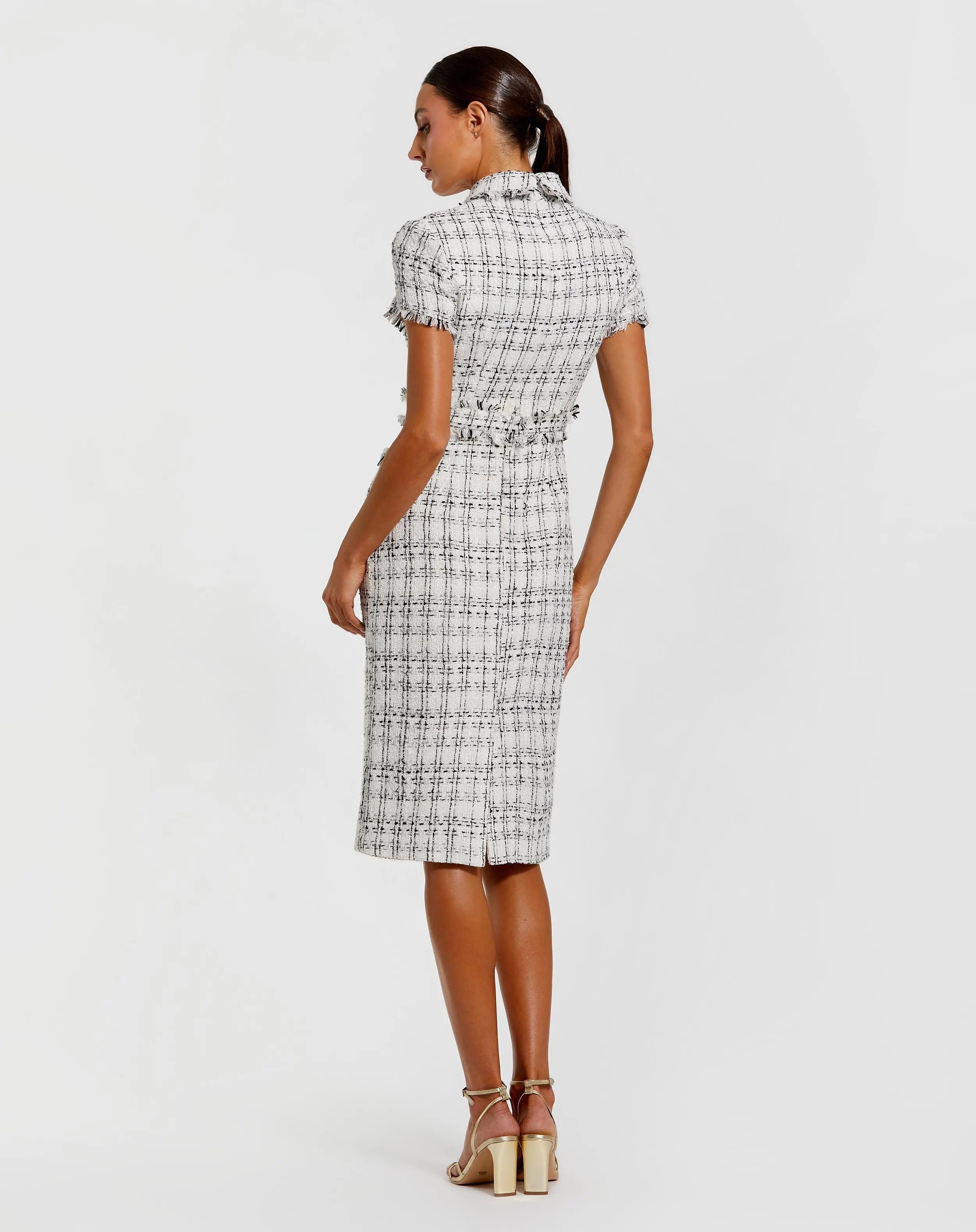 White Fitted Boucle Short Sleeve Button Up Midi Dress