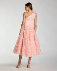 Pink One Shoulder 3D Floral Rosette Midi Dress