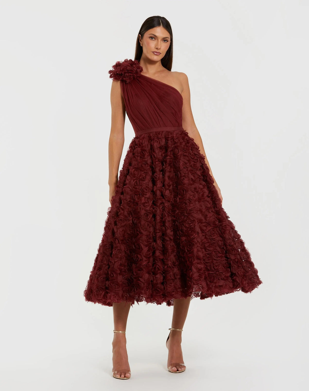 Red One Shoulder 3D Floral Rosette Midi Dress