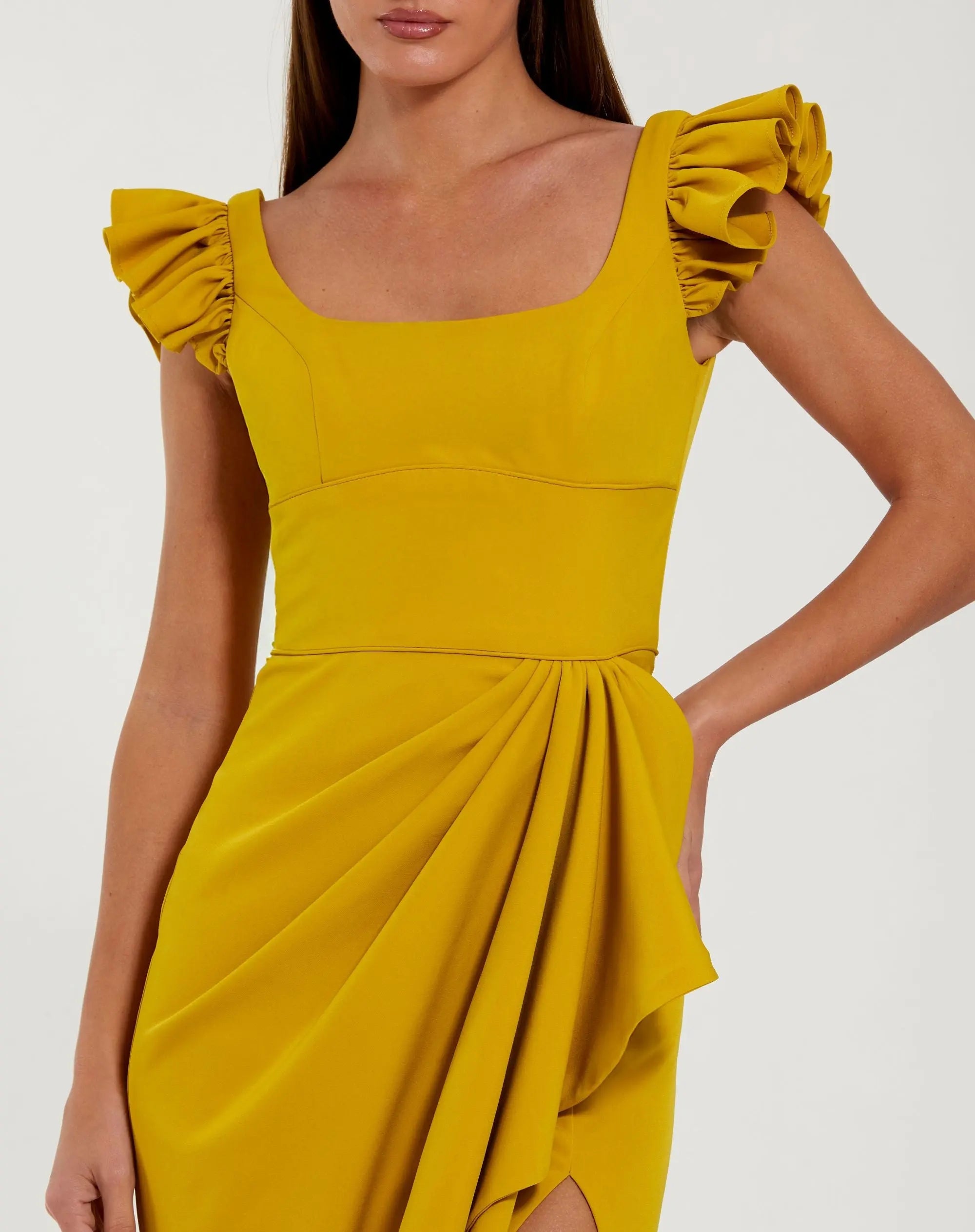 Yellow Square Neck Column Gown With Ruffle Detail