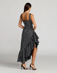 Black Sleeveless Polka Dot Midi Dress With Ruffled Hem