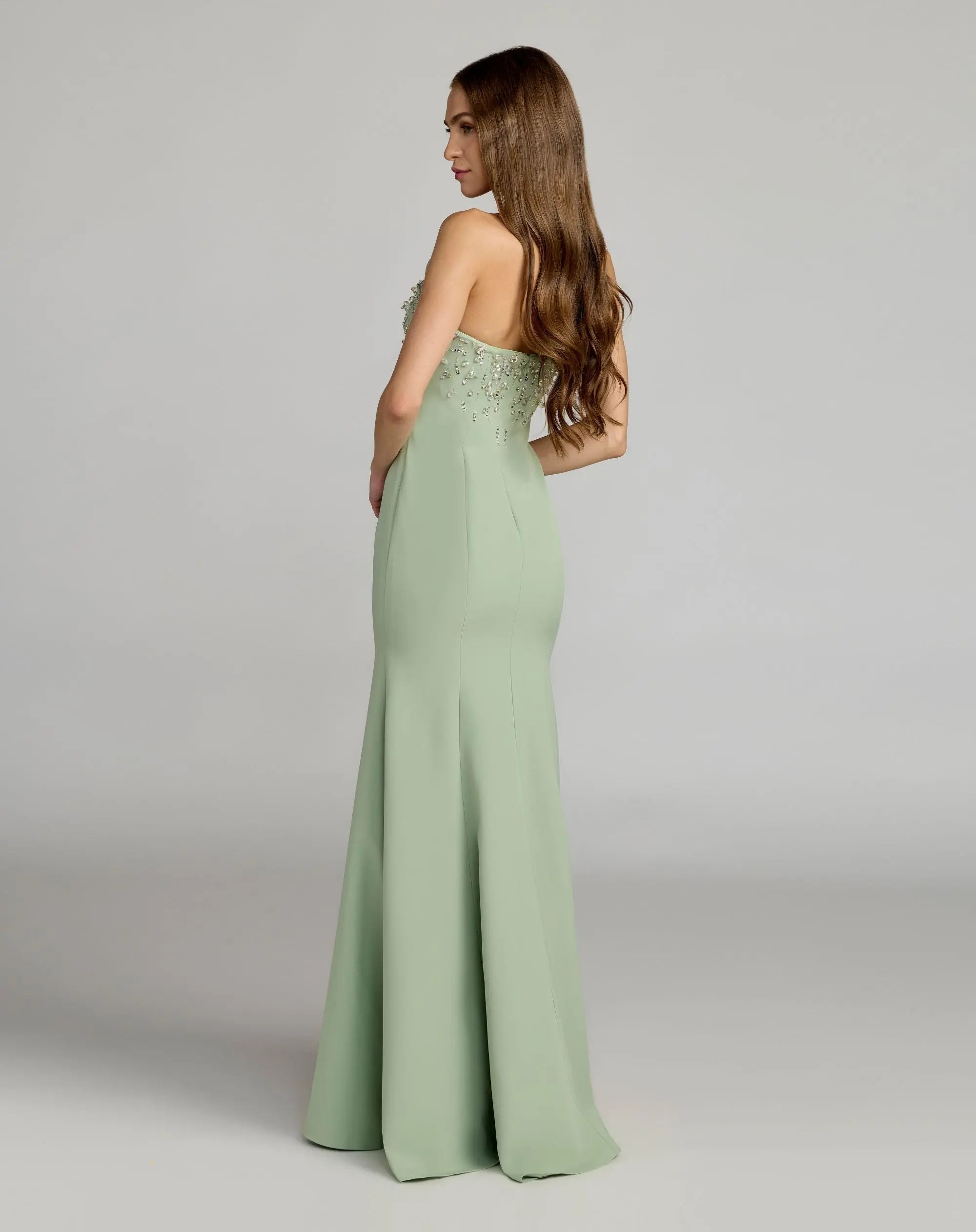 Green Strapless Embellished Crepe Mermaid Gown