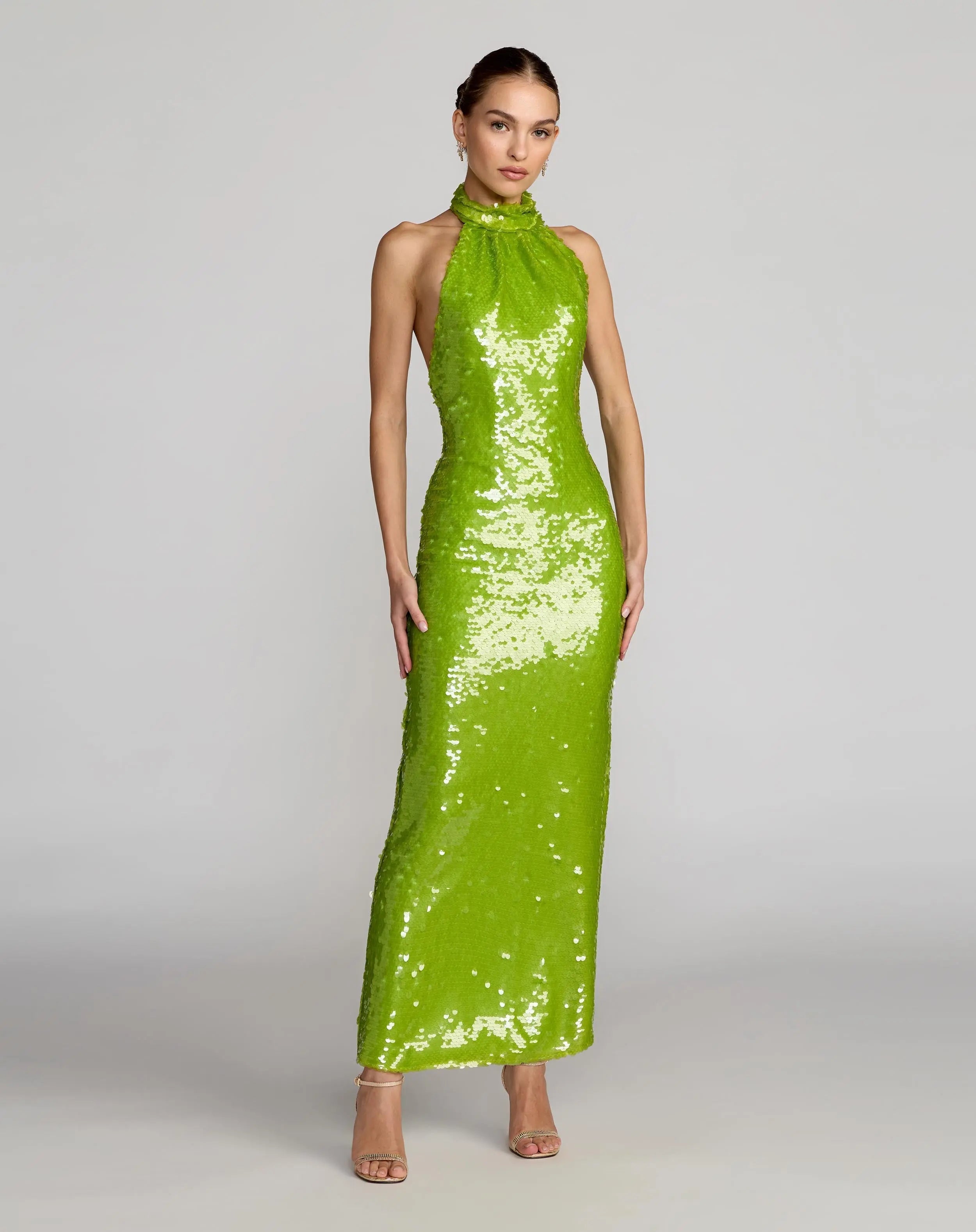 Green Sequin Halter Neck Open Back Dress