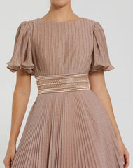 Pink Pleated Shimmering Flutter Sleeve Ball Gown