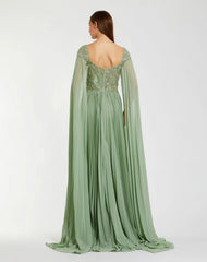 Green Embellished Chiffon Cape Sleeve A Line Gown