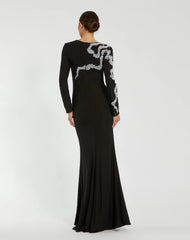 Black Jersey Evening Gown With Beaded Swirl Detail