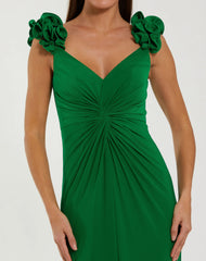 Green Sleeveless V-Neck Gown With Ruffled Straps
