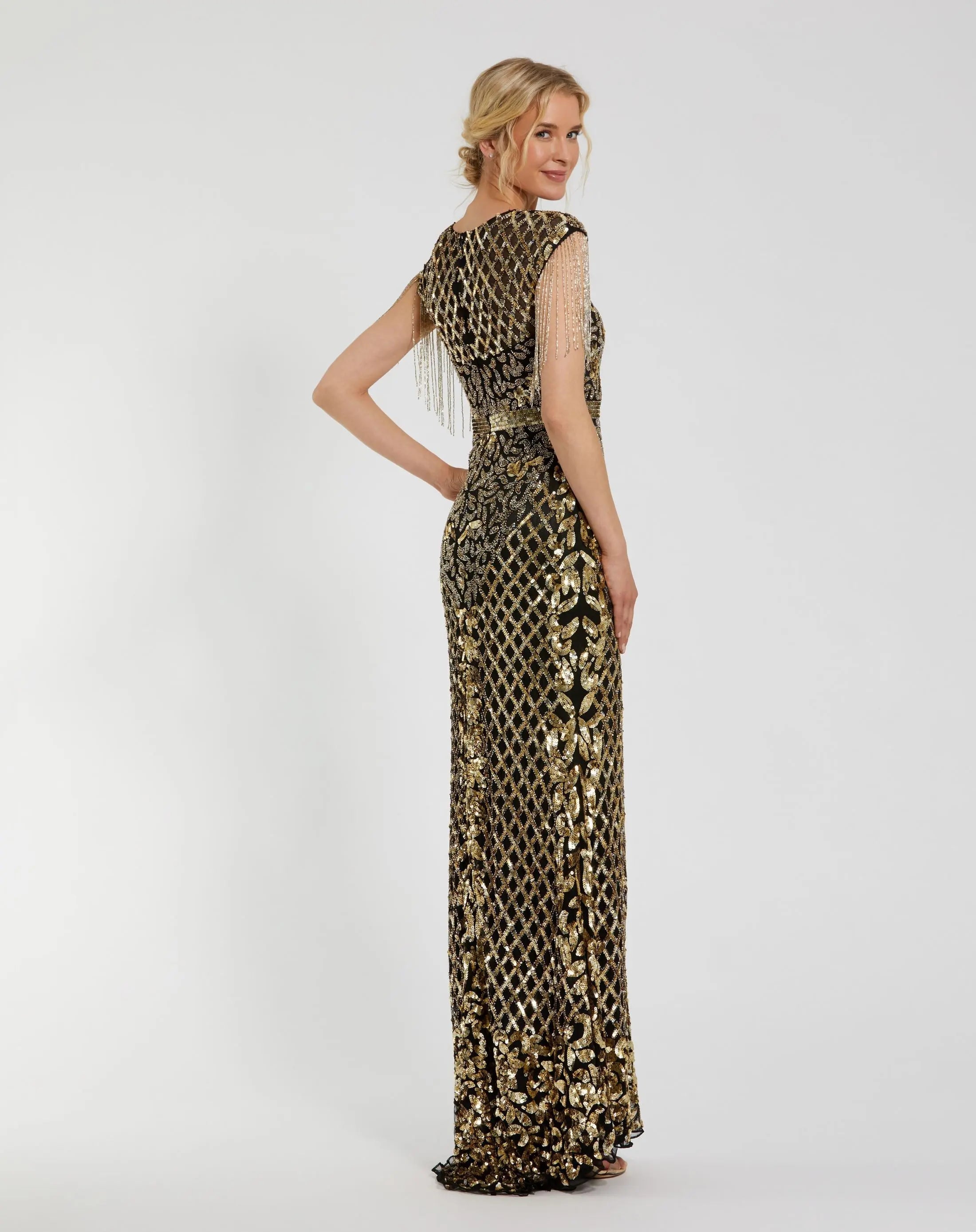 Black High Neck Beaded Fringe Fitted Gown