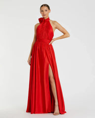 Red Halter Neck Open Back Satin Gown With Slit