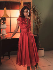 Red Sleeveless Chiffon A-Line Tea Length Cocktail Dress