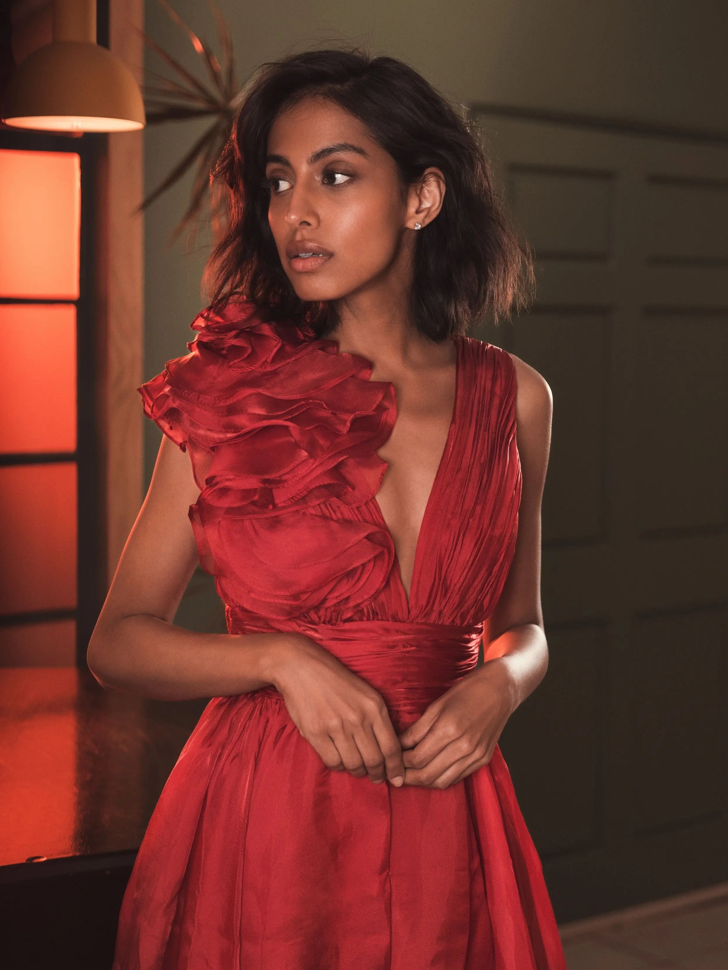 Red Sleeveless Chiffon A-Line Tea Length Cocktail Dress