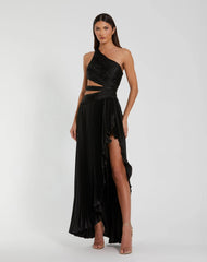 Black One Shoulder Pleated Charmeuse Gown with Slit