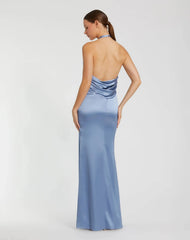 Blue Halter Neck Open Back Satin Gown With 3D Rosette