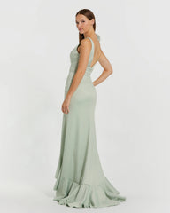 Green Sleeveless Ruffled V-Neck Gown With Bow