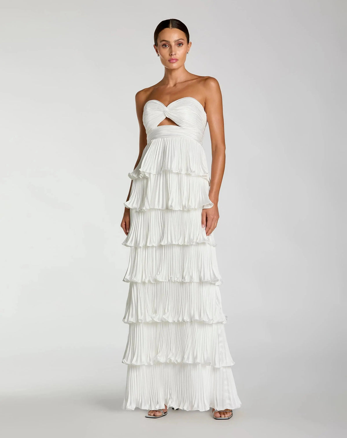 White Pleated Charmeuse Strapless Tiered Ruffle Gown