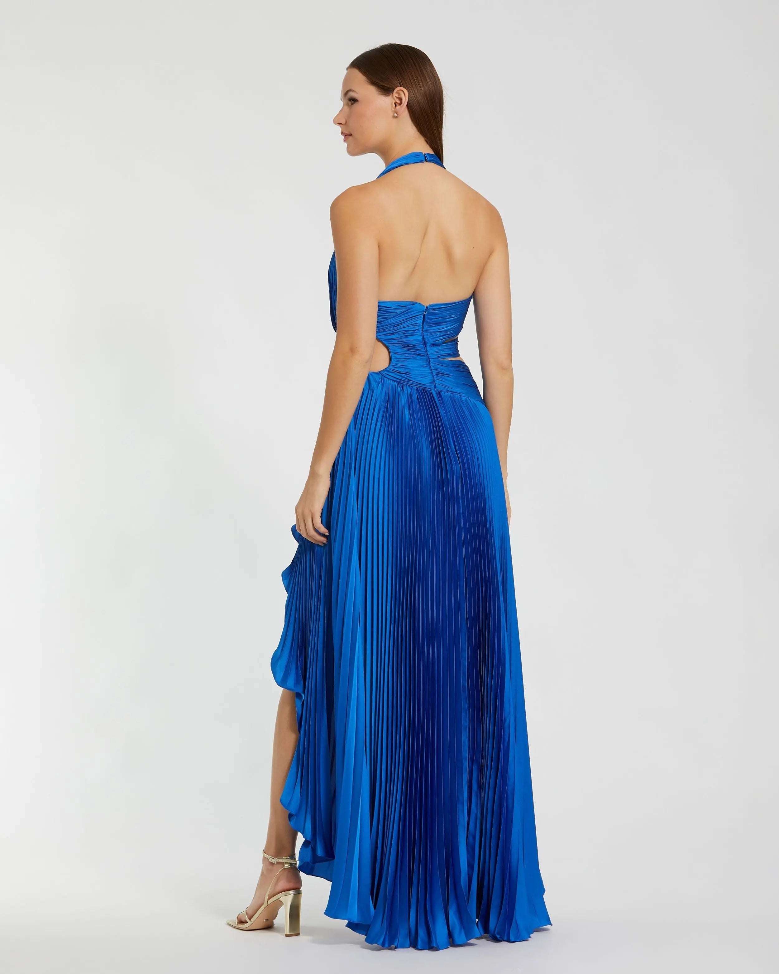 Blue Halter Neck Pleated Charmeuse Cut Out Gown