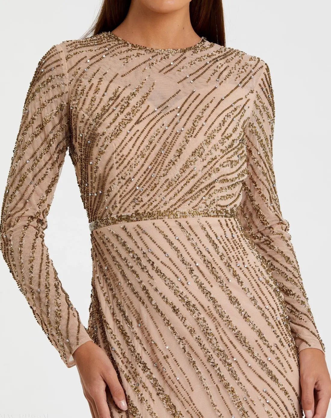 Beige Long Sleeve Beaded Column Gown - FINAL SALE