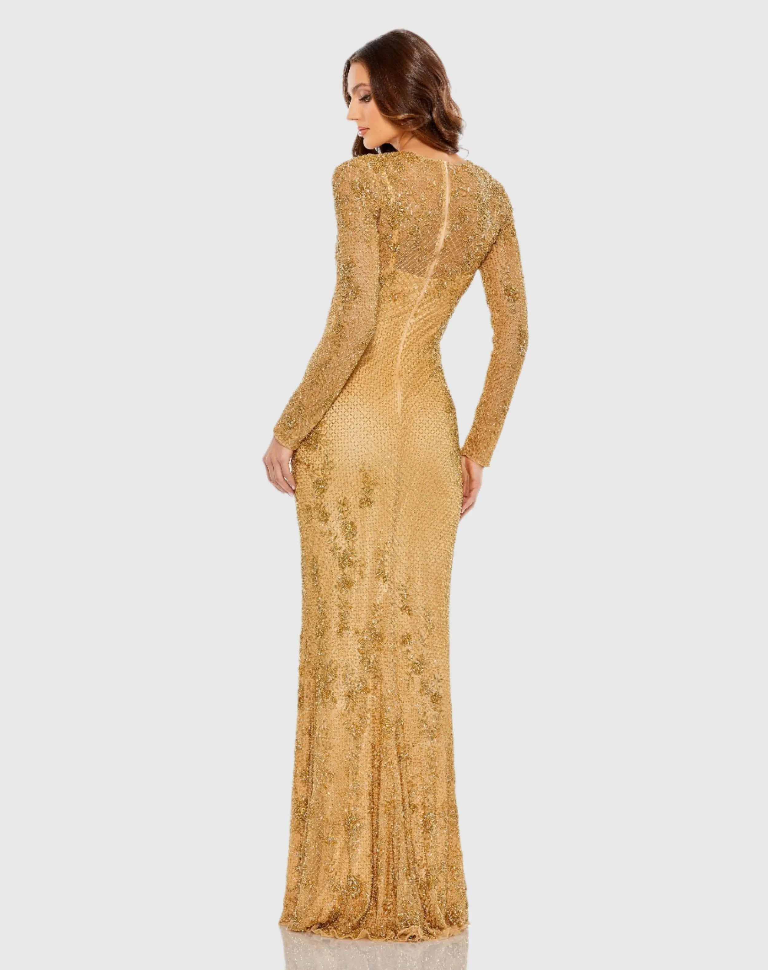 Gold  Long Sleeve Beaded Evening Gown