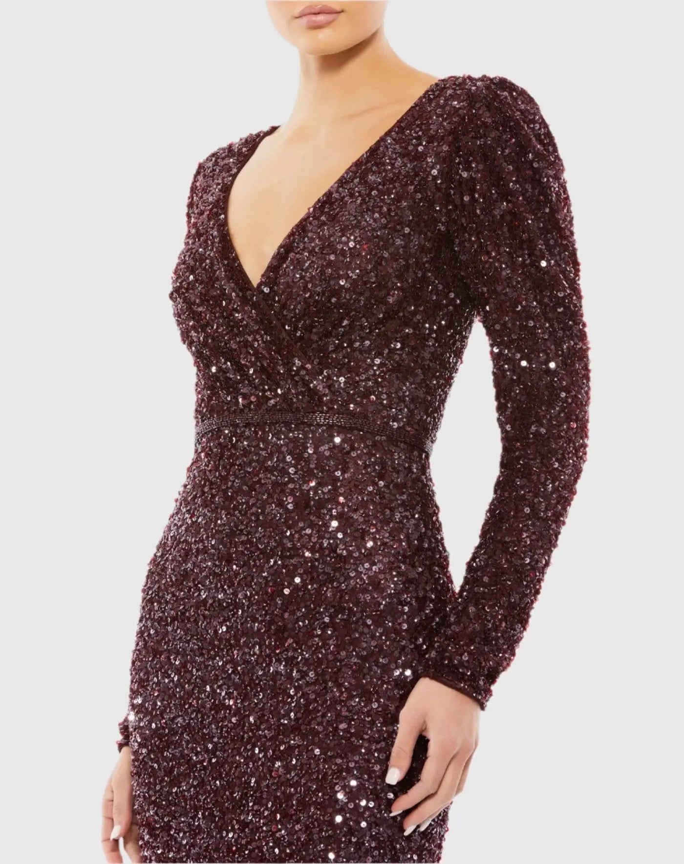 Red Puff Shoulder Sequined Surplice Gown