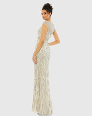 White and Silver Embellished High Neck Cap Sleeve Gown
