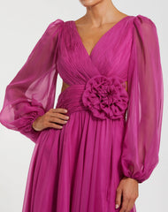 Pink Long Sleeve V-Neck Chiffon Gown With 3D Flower