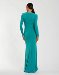 Teal Long Sleeve Twist Neck Jersey Gown With Embellished Cuffs