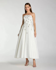 White Strapless Crystal Embellished Satin A-Line Dress