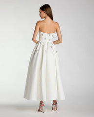 White Strapless Crystal Embellished Satin A-Line Dress