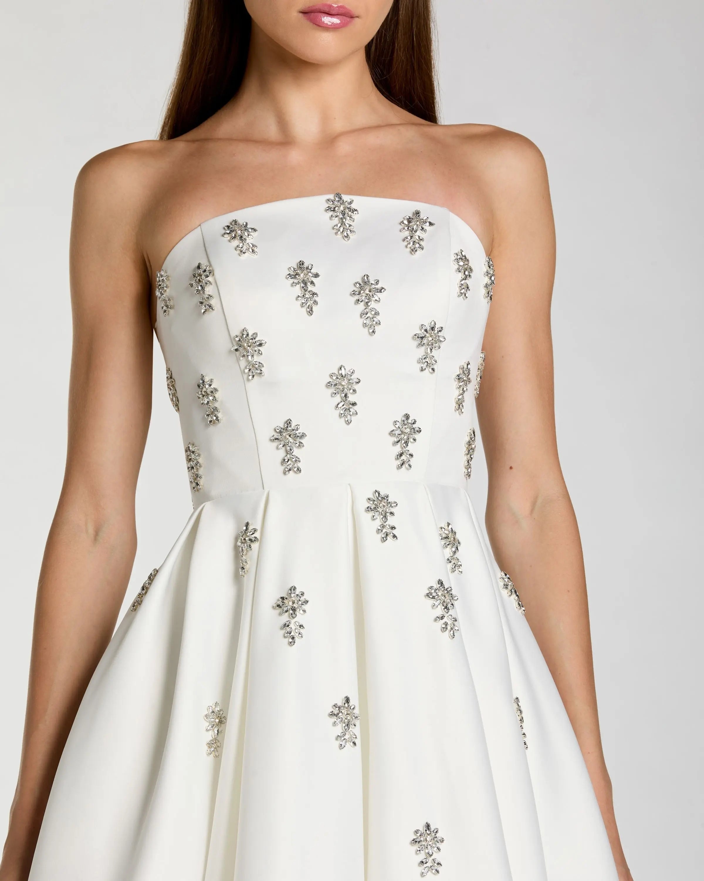 White Strapless Crystal Embellished Satin A-Line Dress