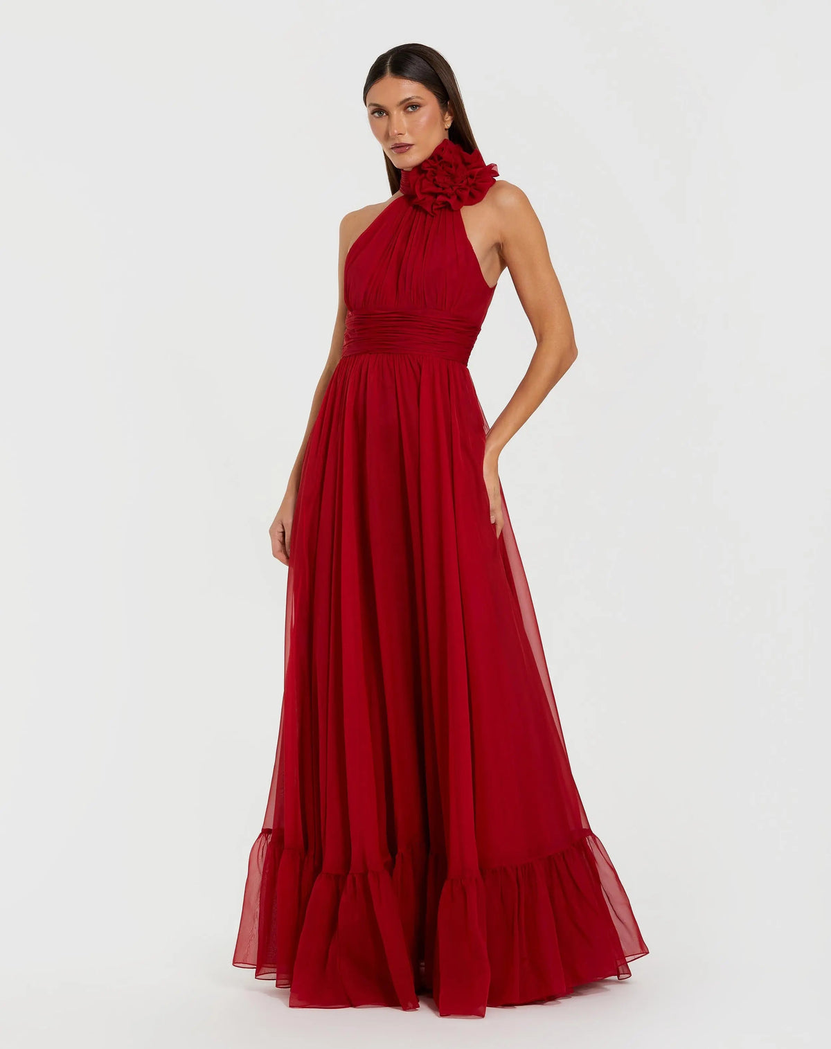 Red Halter Neck Chiffon Gown With 3D Flower