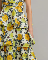 Yellow One Shoulder Floral Tiered Midi Dress
