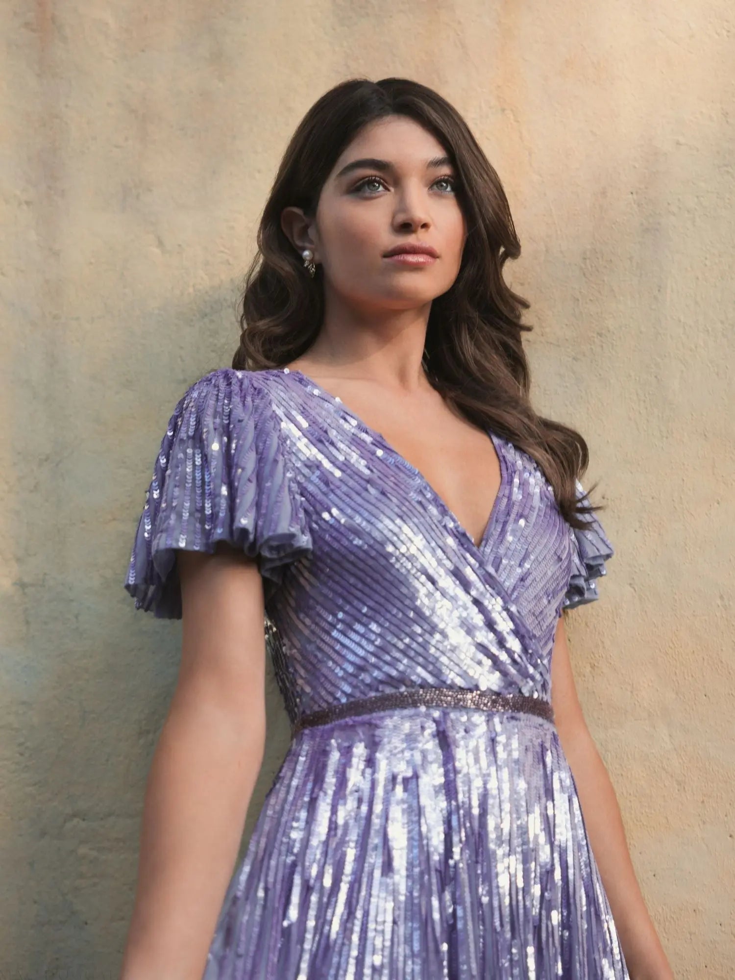 Purple Flounce Sleeve V Neck Gown