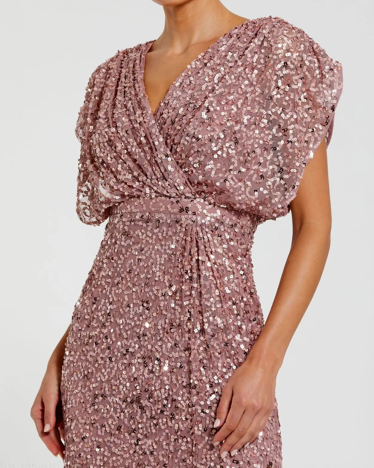Purple Sequin Draped Sleeve V-Neck Gown