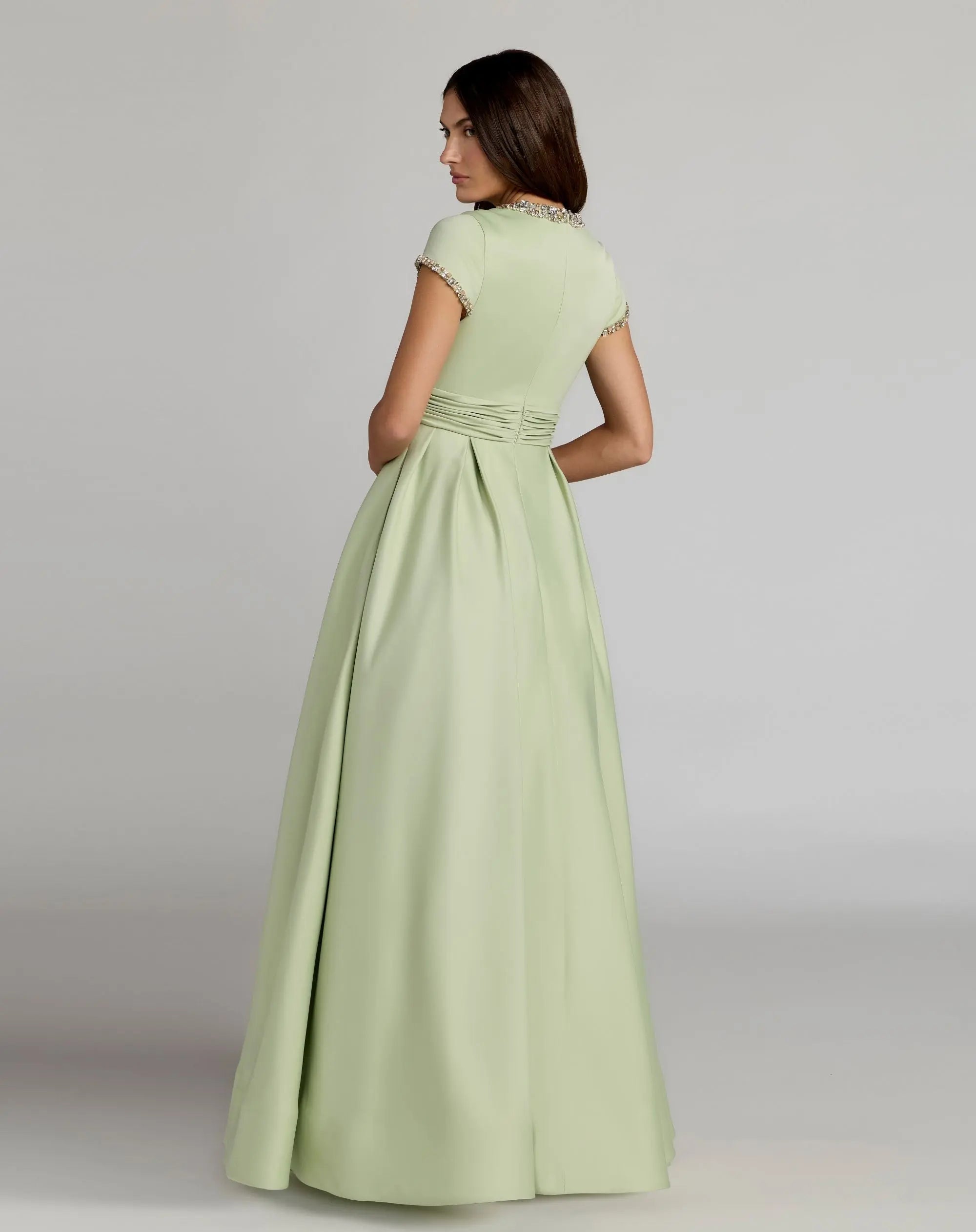 Green Embellished Satin Cap Sleeve Ball Gown