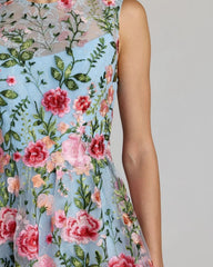 Blue Floral Embroidered Sleeveless A-Line Mini Dress