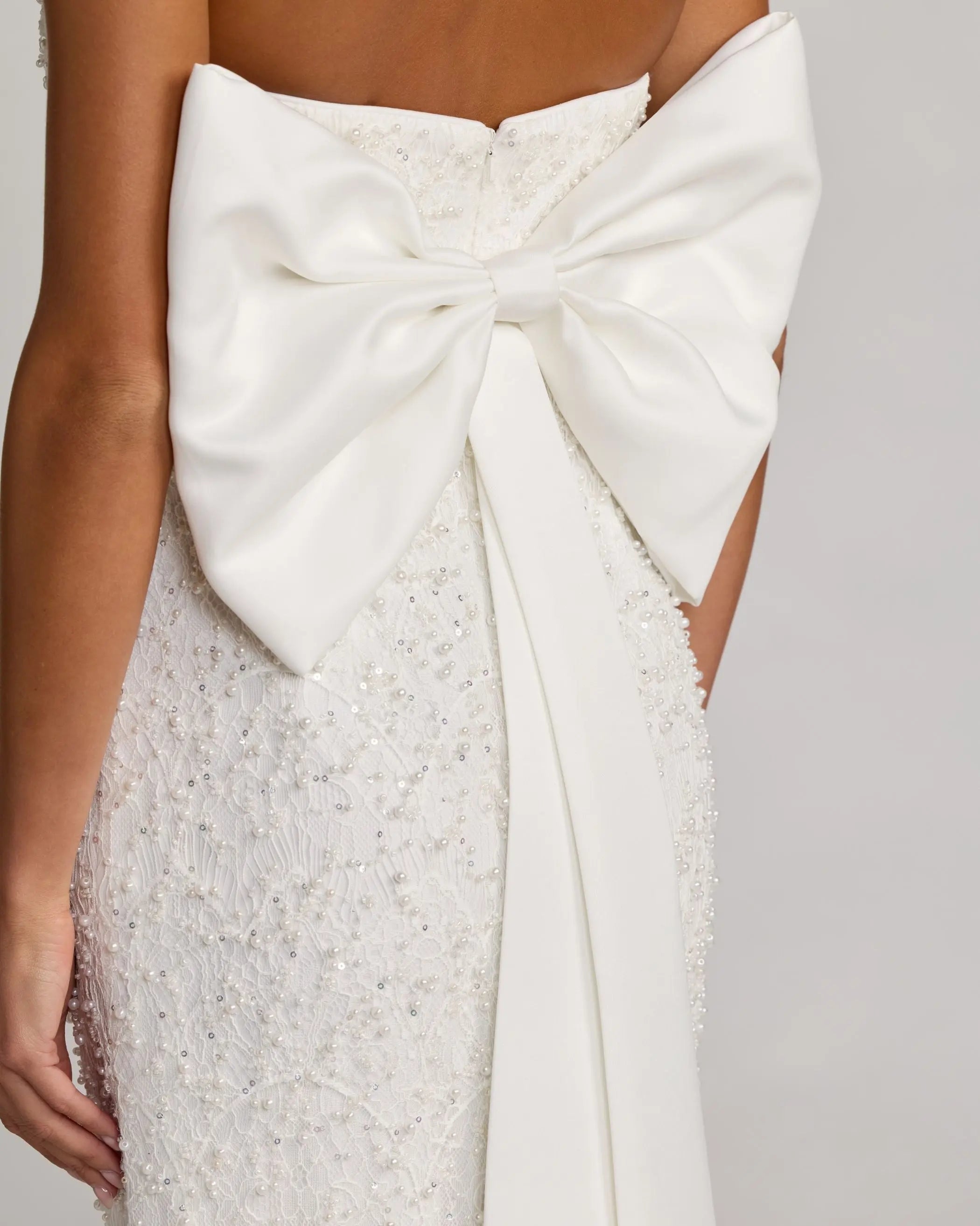 Ivory Strapless Beaded Bow Back Midi Dress