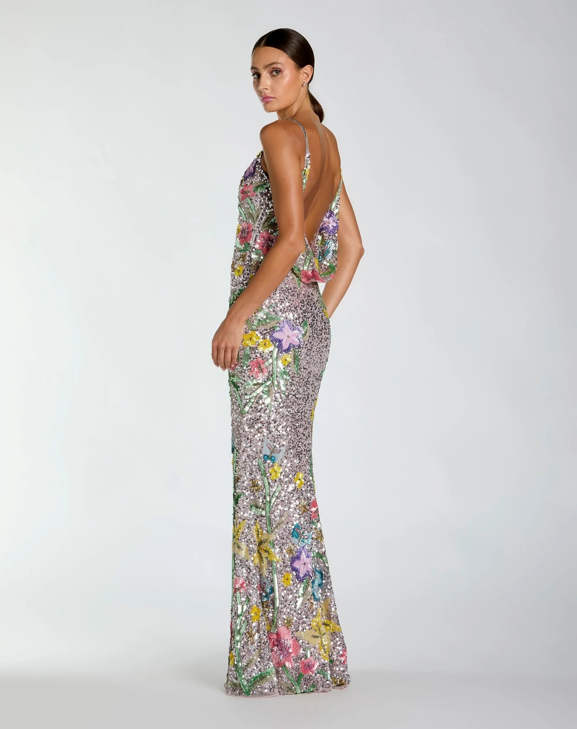Silver Embellished Sleeveless Cowl Back Gown