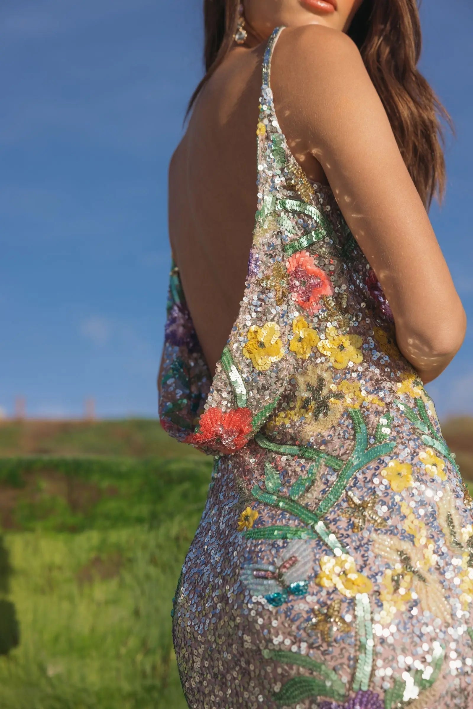 Silver Embellished Sleeveless Cowl Back Gown